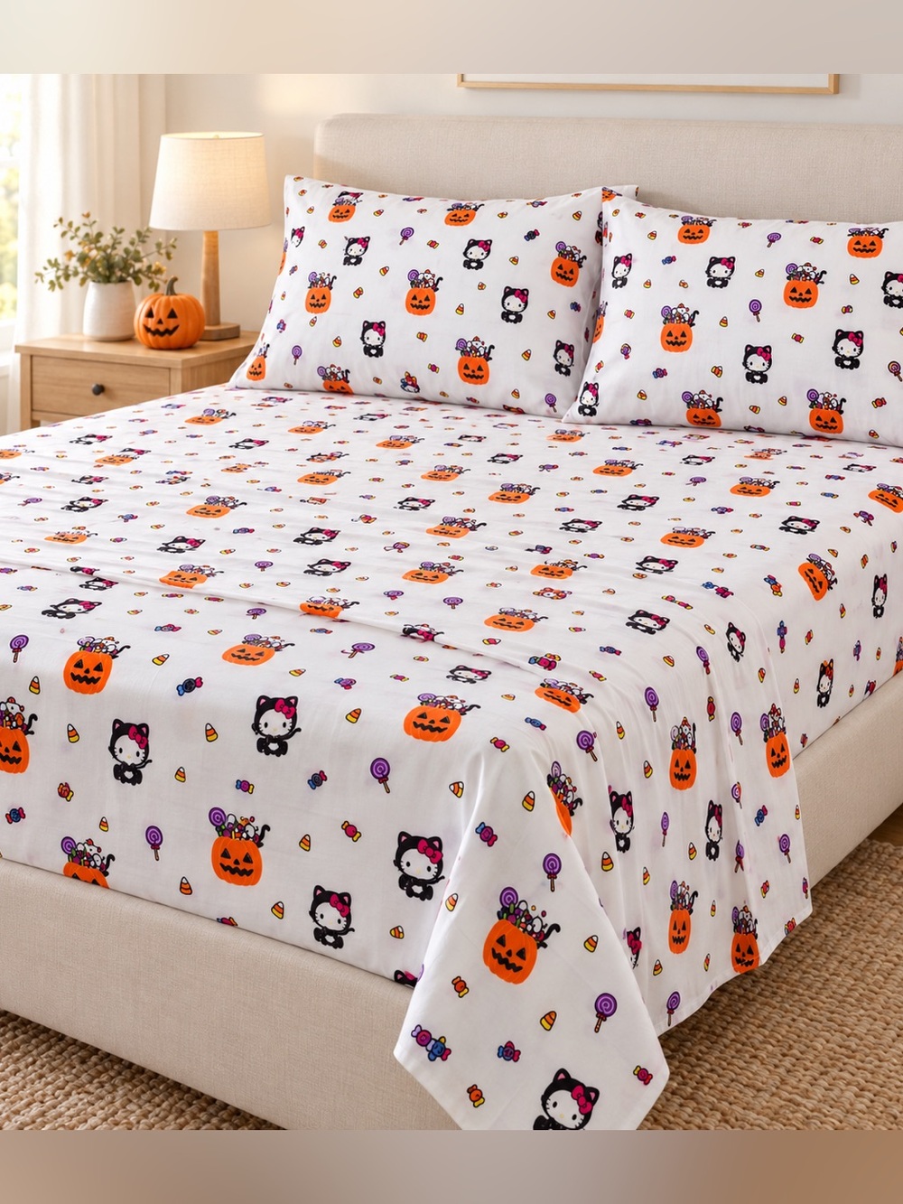 Hello Kitty White Sheet Set with Orange Pumpkin & Purple Accents